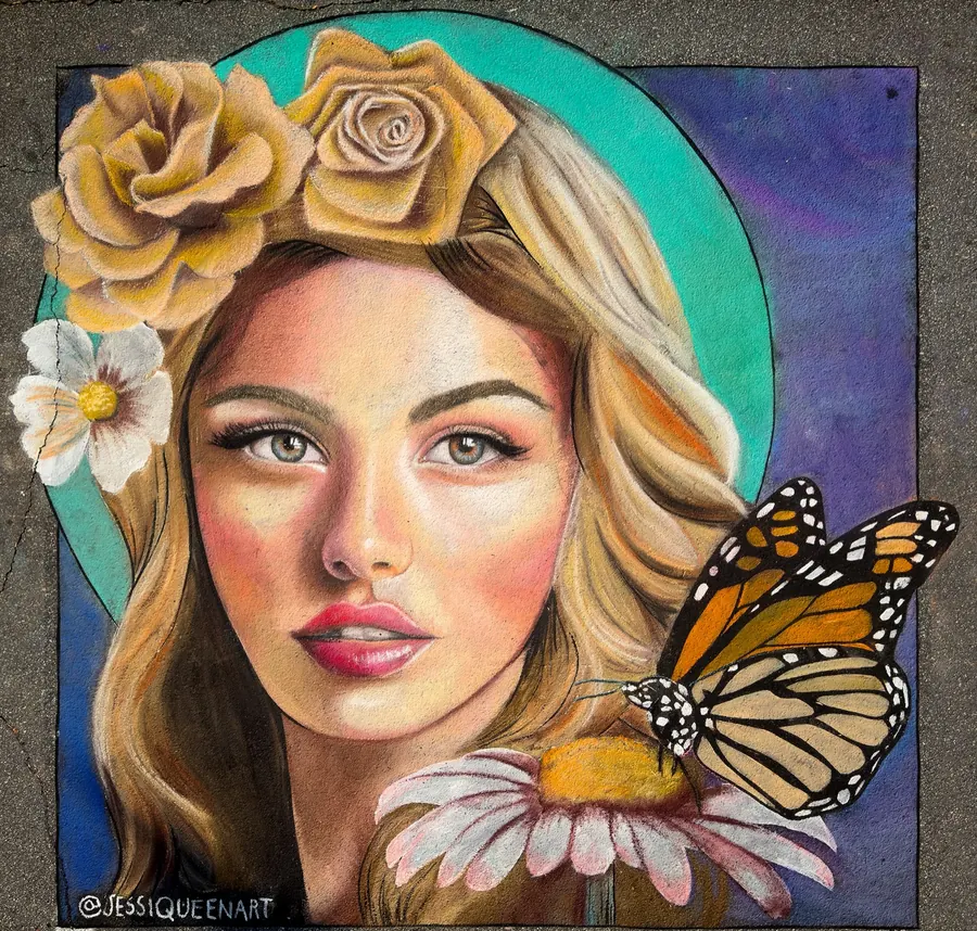Chalk portrait of a blonde woman crowned with golden roses, a monarch butterfly on a daisy