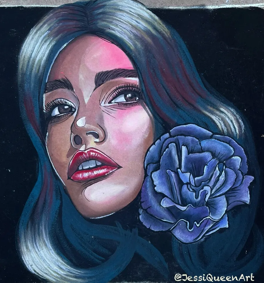 Chalk portrait of a woman with long blue hair holding a deep blue rose