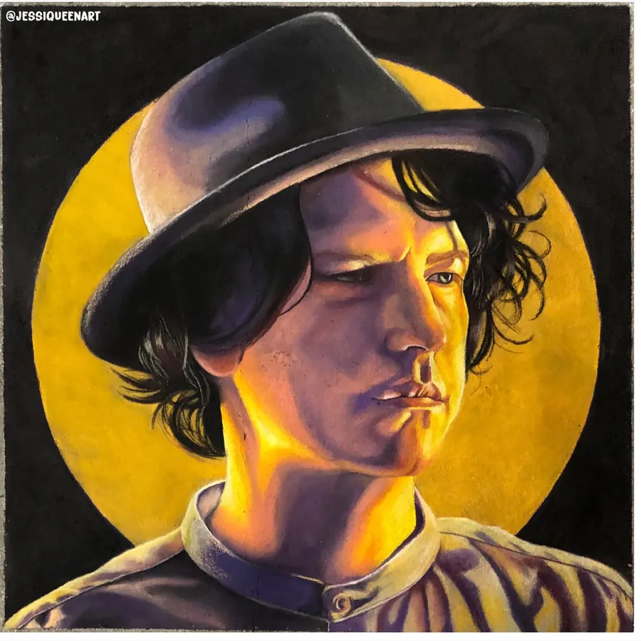 Chalk portrait of a young man in a black hat against a golden sun