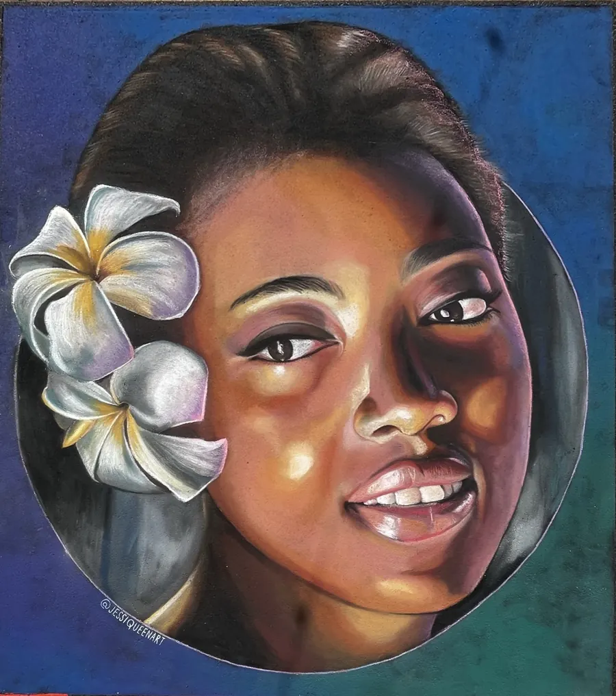 Chalk portrait of a smiling Black woman with white plumeria flowers in her hair
