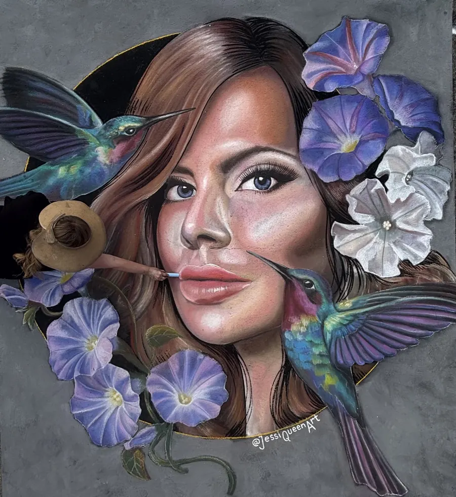 Chalk portrait of a woman with hummingbirds and purple morning glories