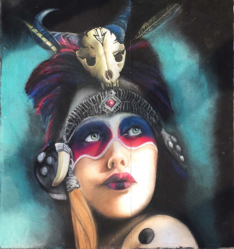 The finished Bloom'n Chalk Fest 2016 portrait of a woman in a feathered headdress topped with an animal skull