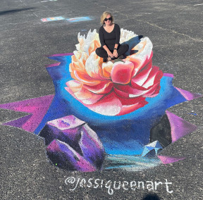 Woman seated cross-legged inside a giant 3D chalk peony rising from a crystal cave