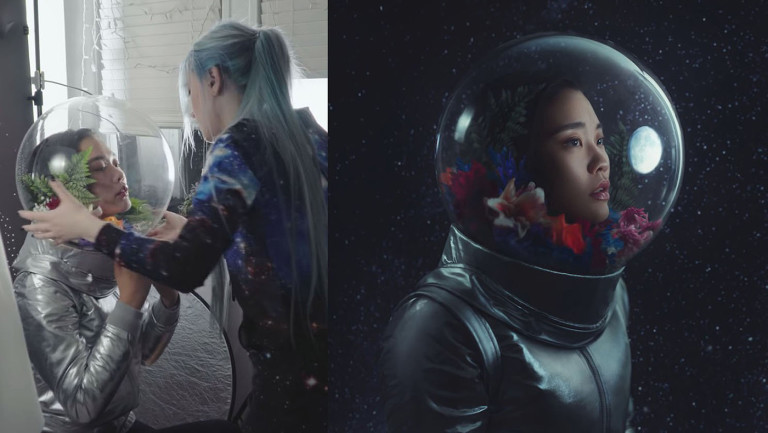 Reference photo shoot for the astronaut piece: a model in a clear helmet beside the final edited photo