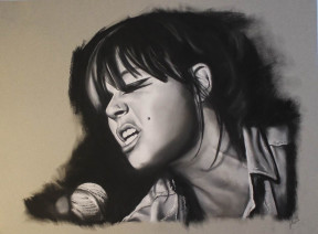 Charcoal drawing of a woman singing passionately into a microphone