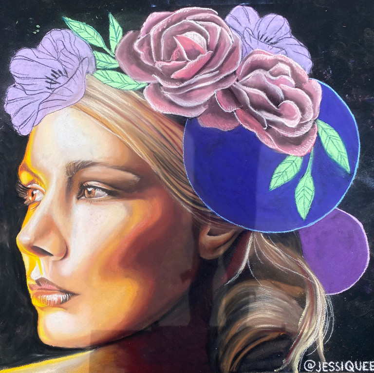 Chalk portrait of a woman in profile wearing a crown of pink and lavender roses