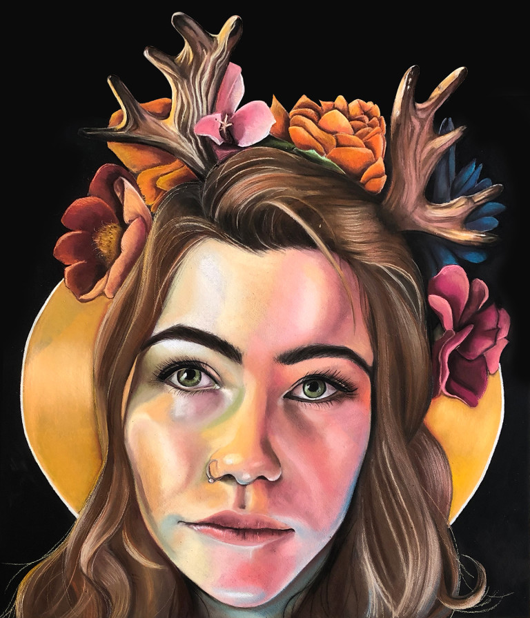 Chalk portrait of a young woman wearing antlers and orange flowers against a gold circle