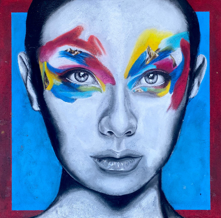 Chalk portrait of a woman in grayscale with bold red, yellow and blue paint strokes across her eyes