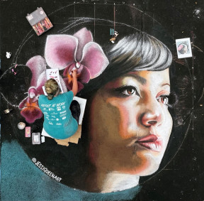 Jessi from above, drawing a large chalk portrait of a woman with a pink orchid in her hair