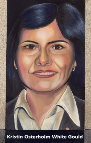 Jessi's finished chalk portrait of Flight 93 passenger Kristin Osterholm White Gould, smiling, in a white collared shirt and dark jacket, above her name